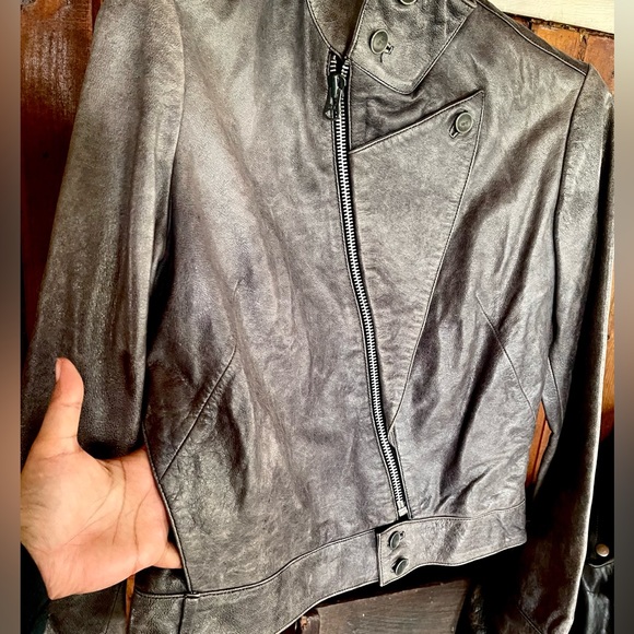 Designer Moto biker leather Jacket Distressed Futuristic Runway Motorcycle 36 XS - Picture 11 of 16